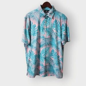 Sunday Swagger Mens Large Pink Teal Tropical Palm Leaf Golf Polo Shirt L